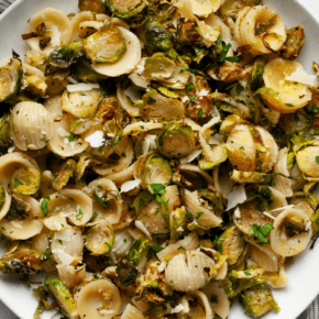 Brussels sprout pasta on a plate.