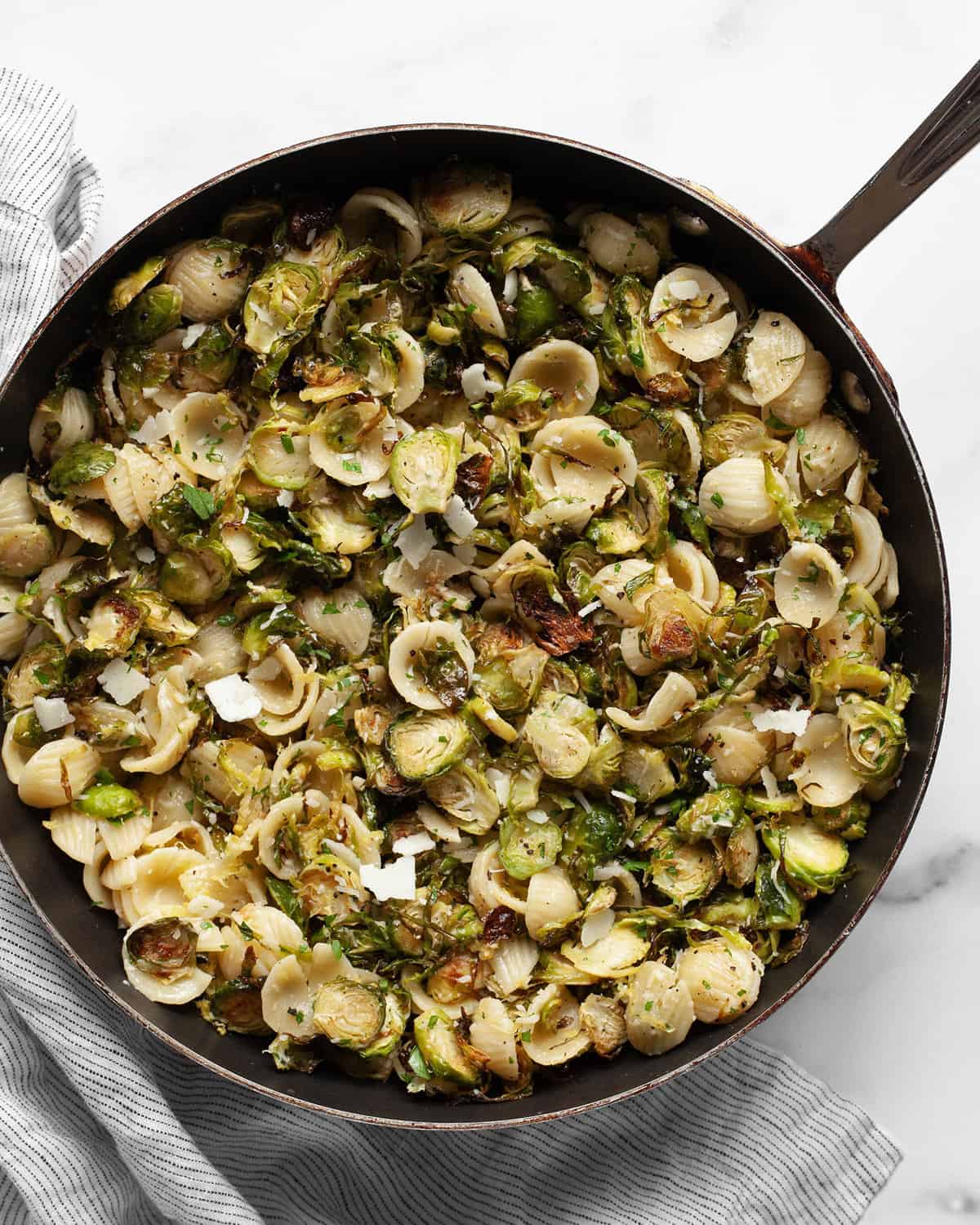 Brussels sprout pasta in a large skillet.