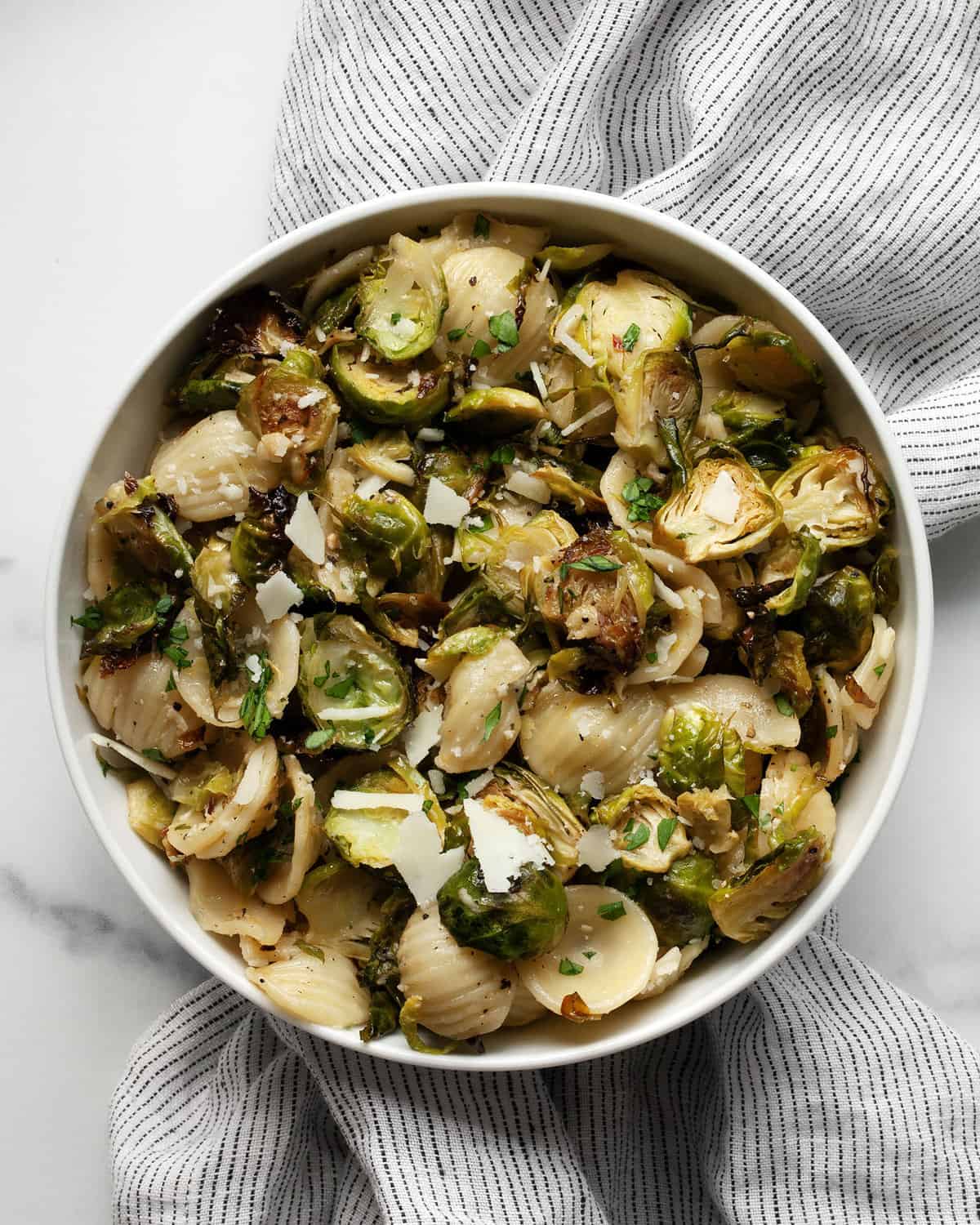 Brussels sprout orecchiette in a small bowl.