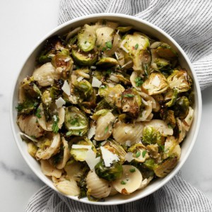 Brussels sprout pasta in a bowl.