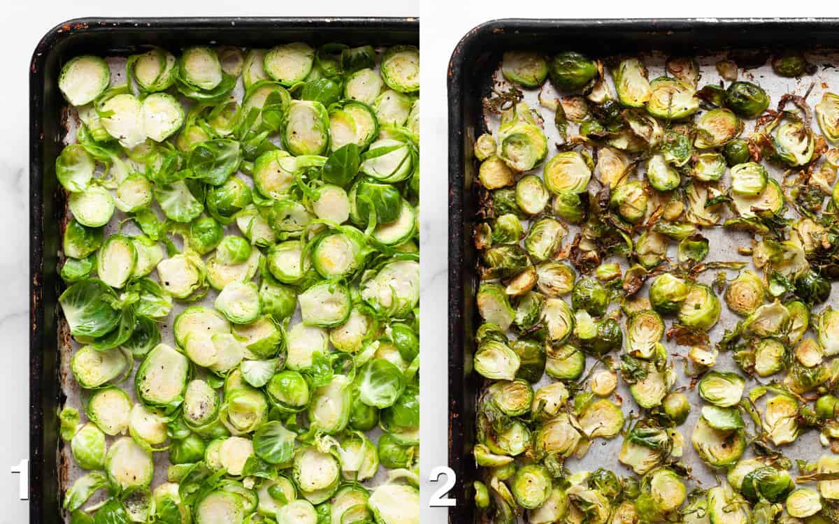 Sliced brussels sprouts on a sheet pan before and after they are roasted.