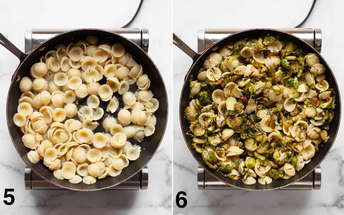 Pasta and lemon juice in the skillet. Roasted brussels sprouts stirred into the pasta in the skillet.