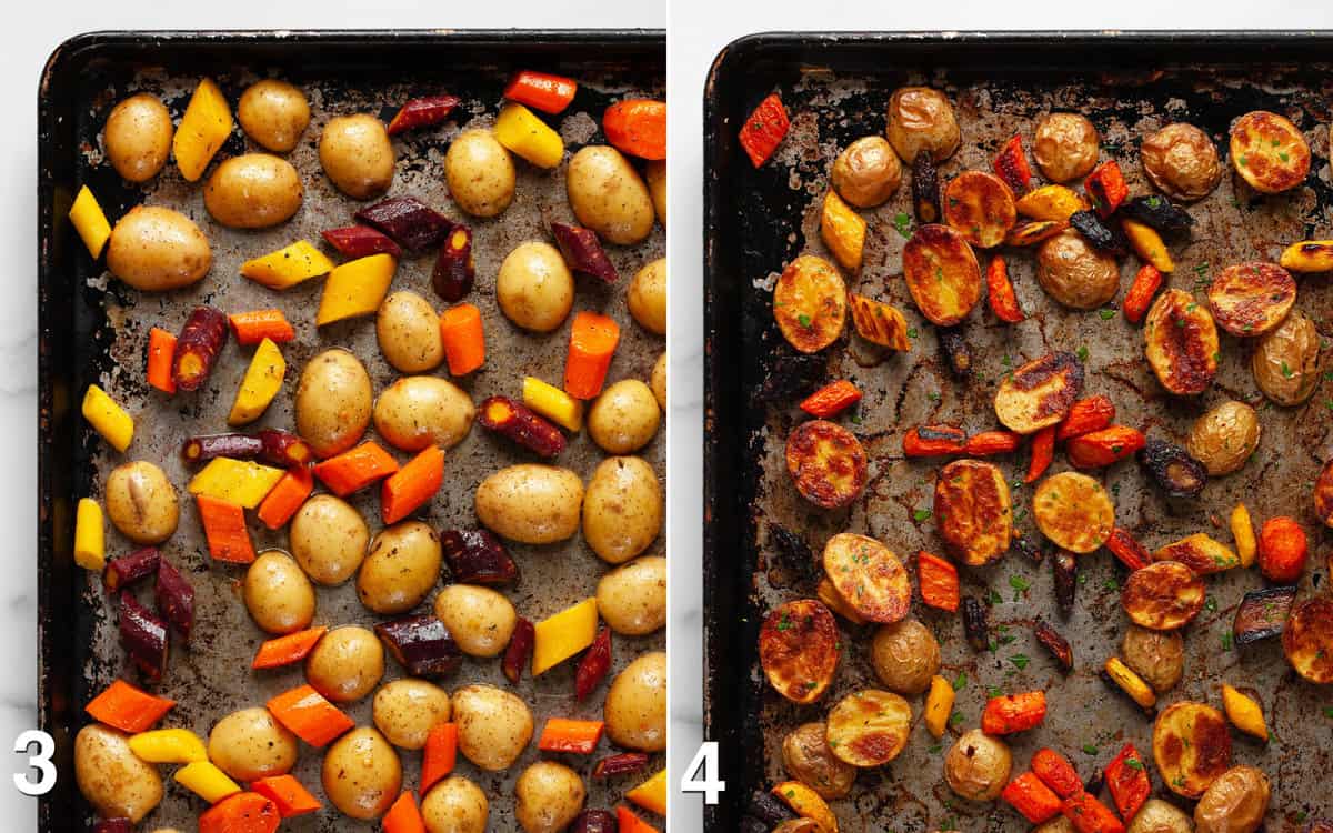 Carrots and potatoes on a sheet pan before and after they are roasted.