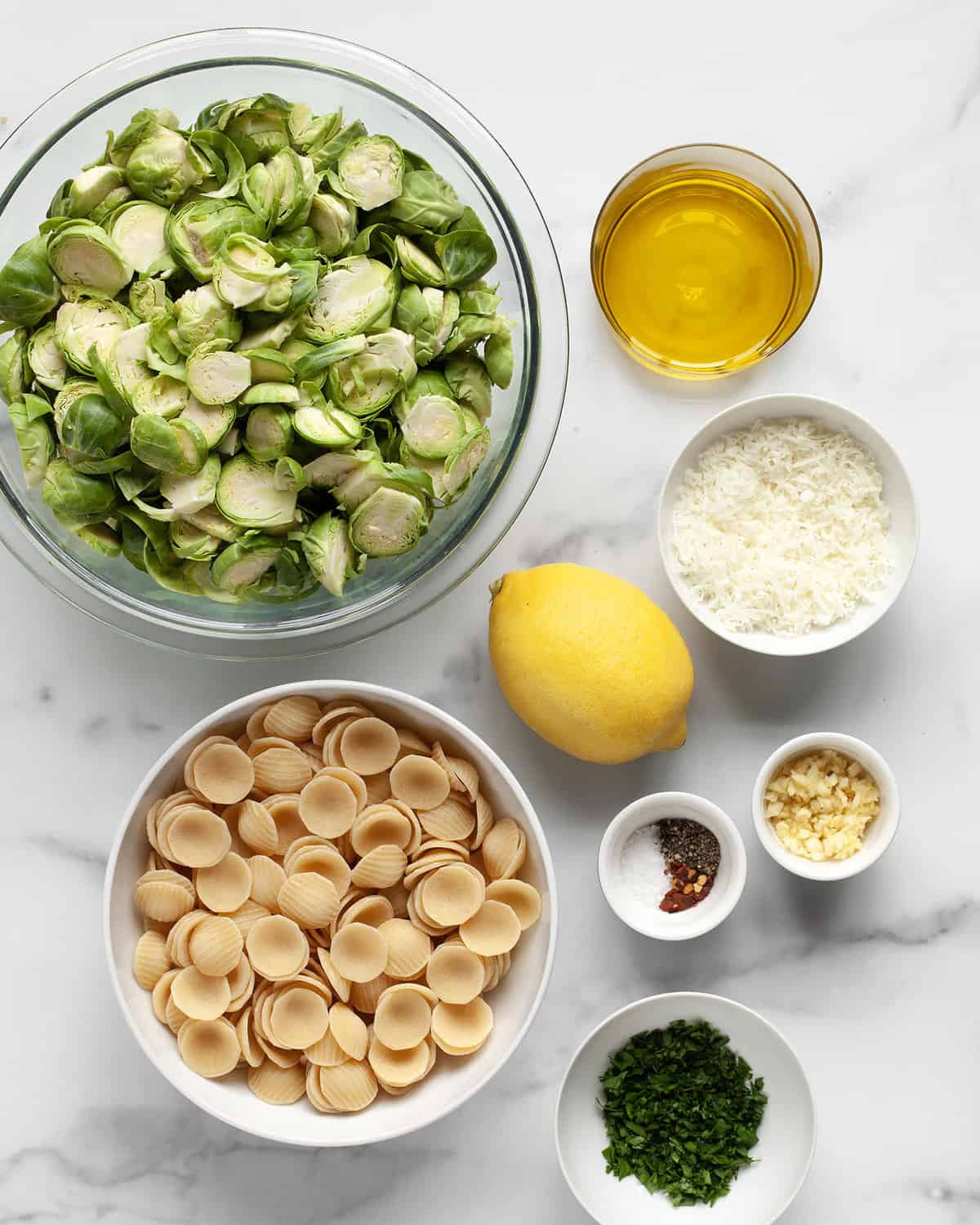 Ingredients including brussels sprouts, orecchiette, olive oil, lemon, garlic, pecorino, red pepper flakes, salt and pepper.