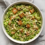 Brussels sprout salad with egg-free, anchovy-free Caesar dressing in a bowl.