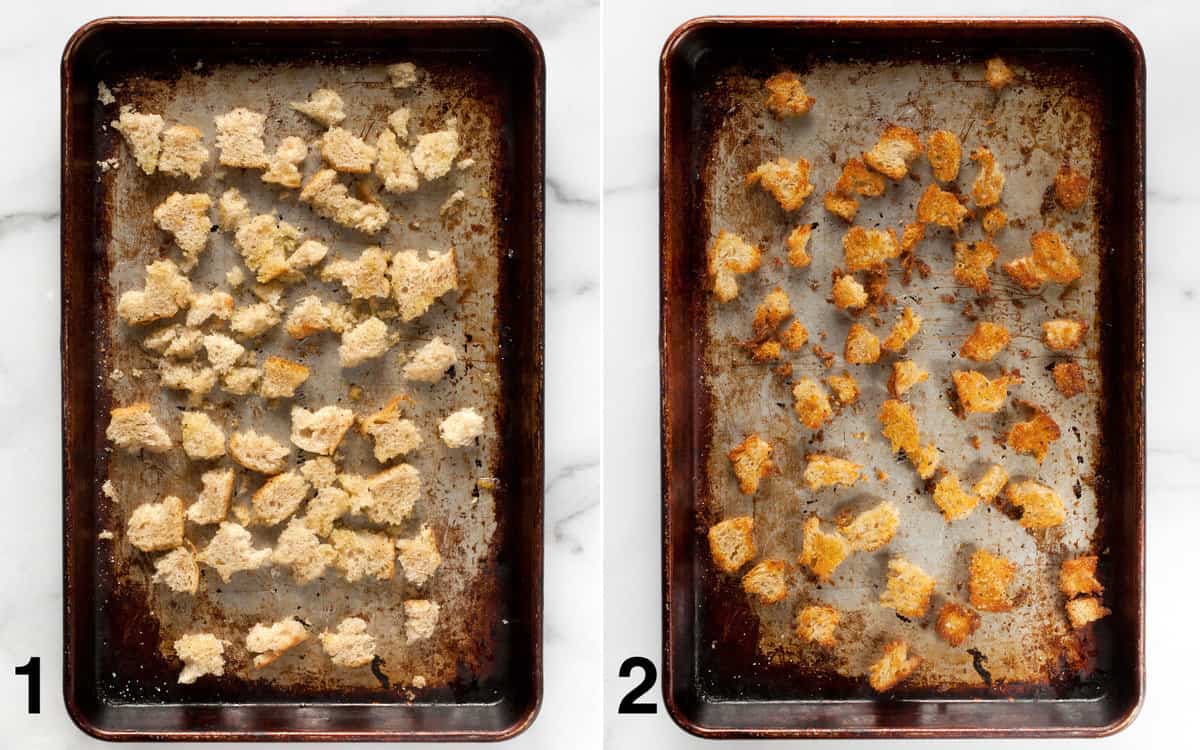 Croutons on sheet pan before and after they are roasted.
