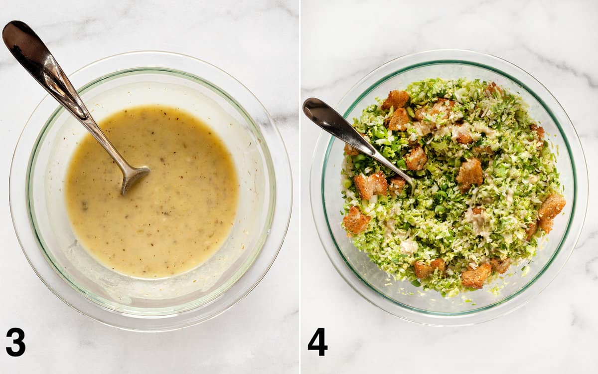 Caesar dressing whisked in a small bowl. Salad ingredients assembled in a large bowl.