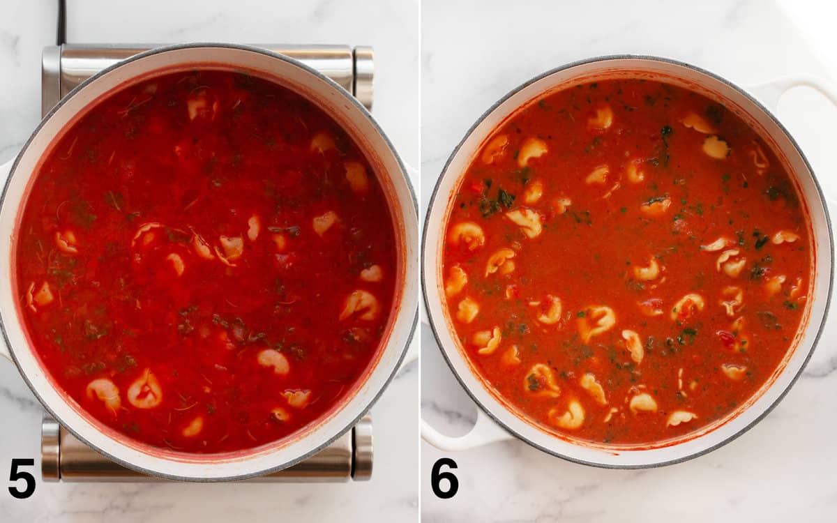 Tortellini and kale simmering in creamy tomato soup. Heavy cream and parmesan stirred in soup to finish it.