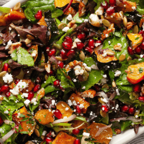 Fall salad with roasted squash, pomegranate seeds, pecans, pumpkin seeds and goat cheese on a plate.