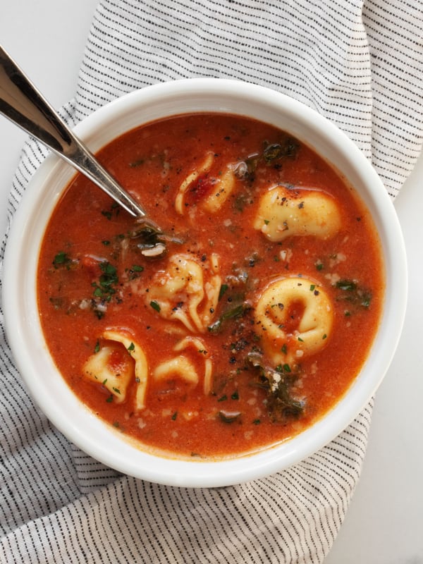 One bowl of creamy tortellini soup.