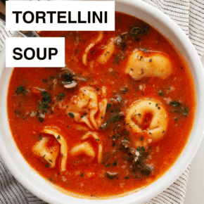 One bowl of creamy tomato tortellini soup.