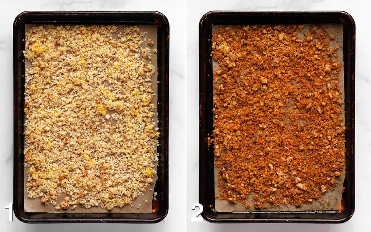 Breadcrumb mixture on a sheet pan before and after it is toasted the oven.