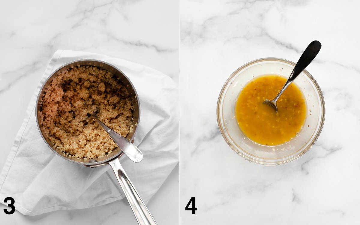 Cooked quinoa in a small pot. Vinaigrette in a small bowl.