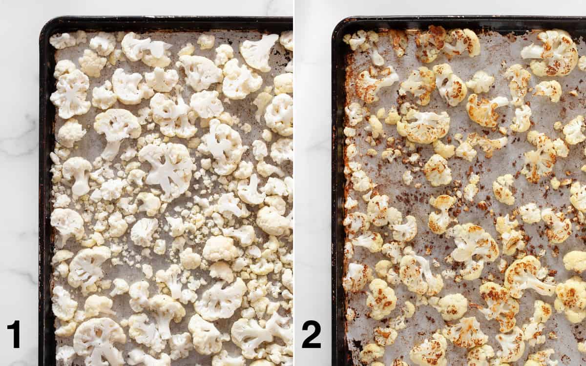 Cauliflower on a sheet pan before and after it roasts in the oven.
