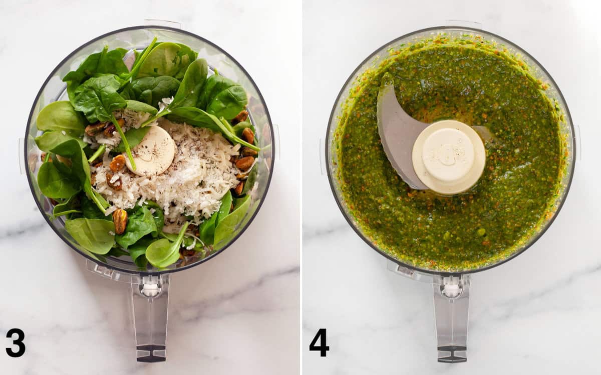 Pesto ingredients in a food processor before and after they are pureed.