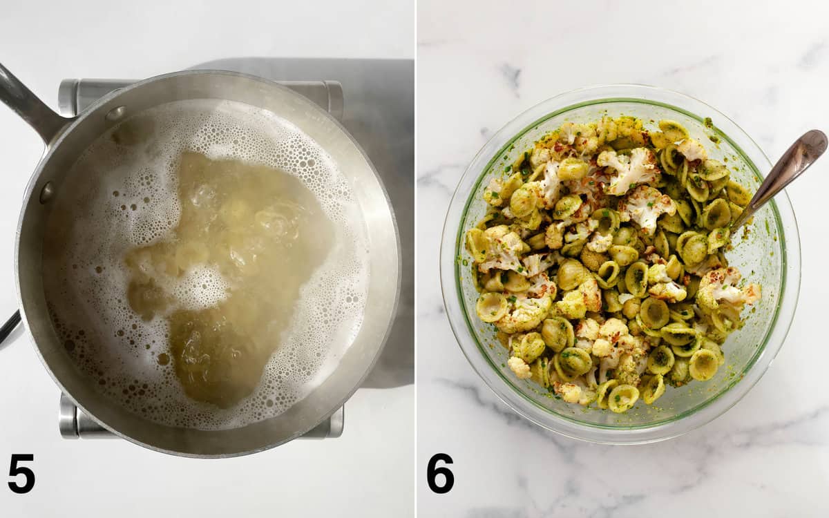 Pasta simmering in a pot. Pesto, pasta and roasted cauliflower stirred together in a bowl.