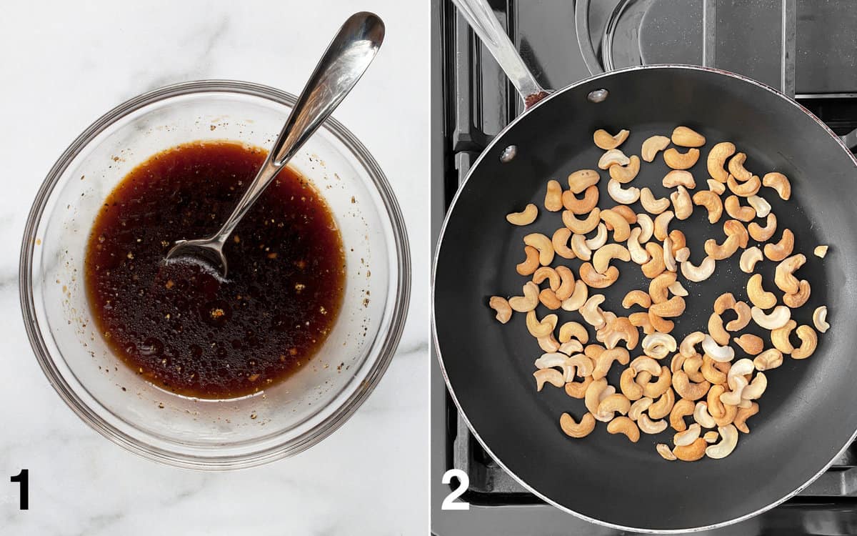 Sauce stirred together in a small bowl. Cashews toasting in a skillet.