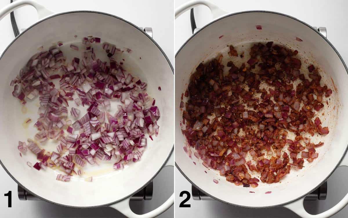 Sautéed onions in a dutch oven. Garlic and dried seasonings stirred into the onions.