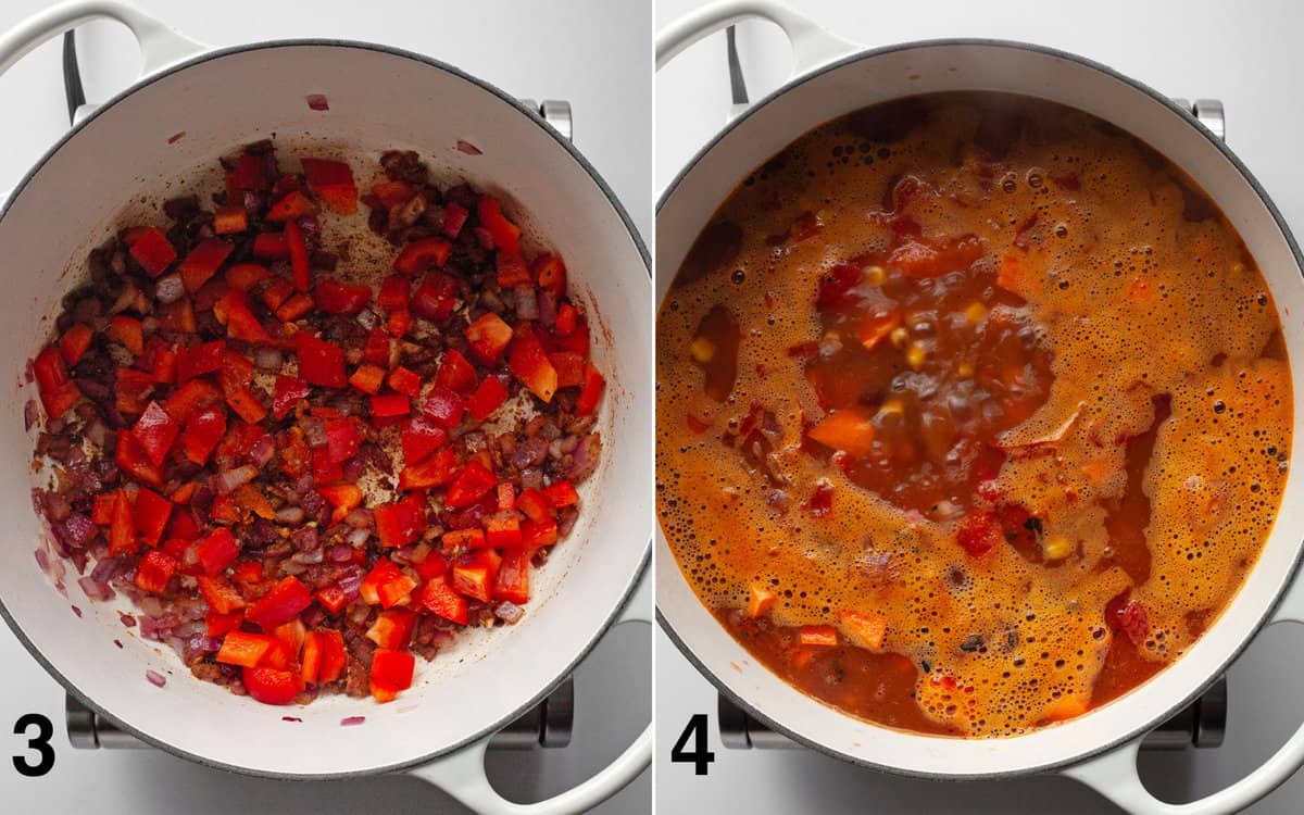 Sautéed red peppers with onions and spices. Chili simmering in the pot.