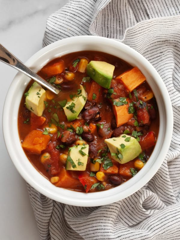 Sweet potato black bean chili in a bowl.