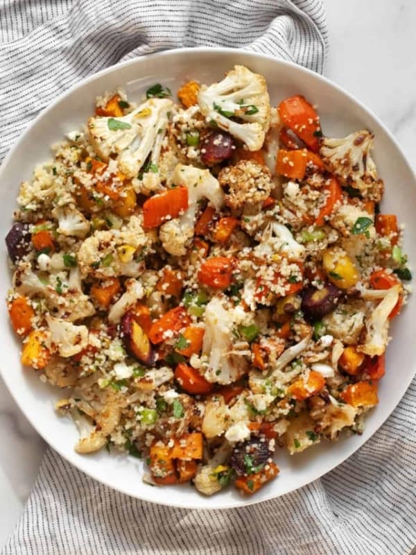 Couscous roasted veggie salad on a plate.