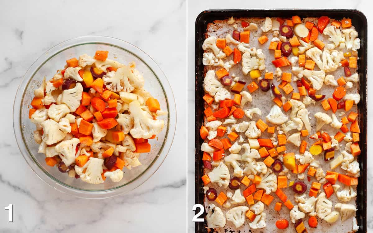 Vegetables tossed in spices and oil in a bowl. Veggies spread across a sheet pan before they roast.