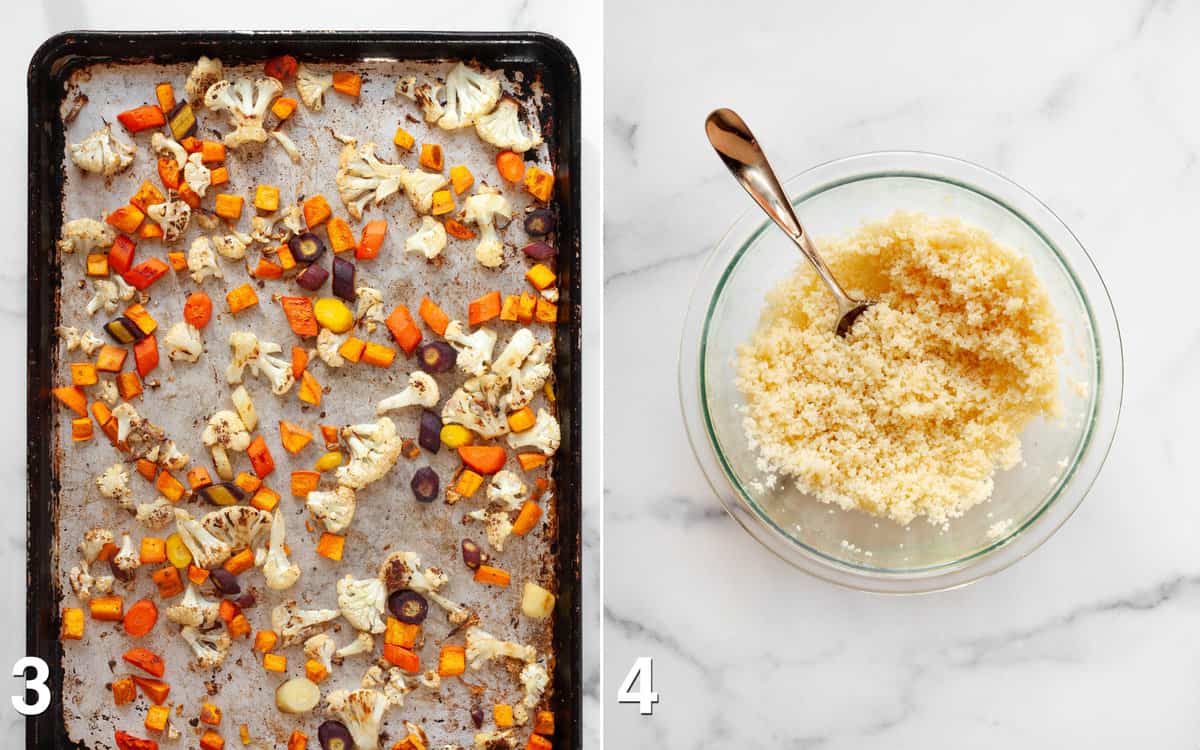 Roasted veggies on a sheet pan. Couscous in a bowl.