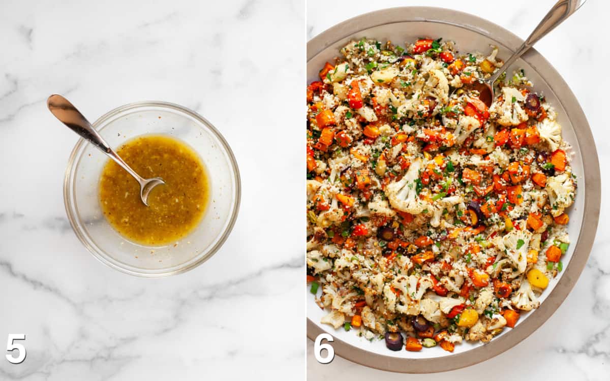 Lemon vinaigrette in a bowl. Salad ingredients tossed together in a bowl.