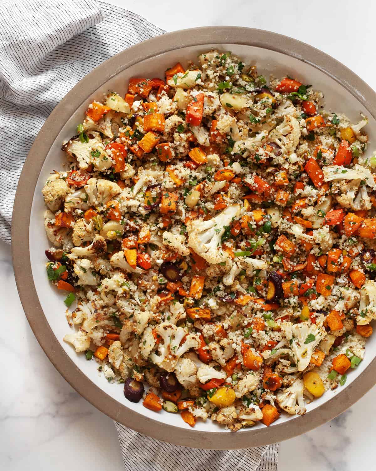 Roasted vegetable salad in a bowl.