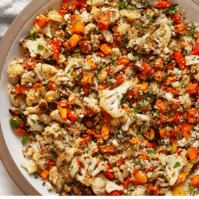 Roasted vegetable salad on a large plate.