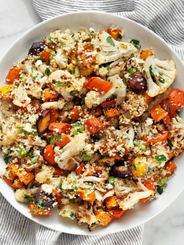 Roasted vegetable couscous salad on a plate.