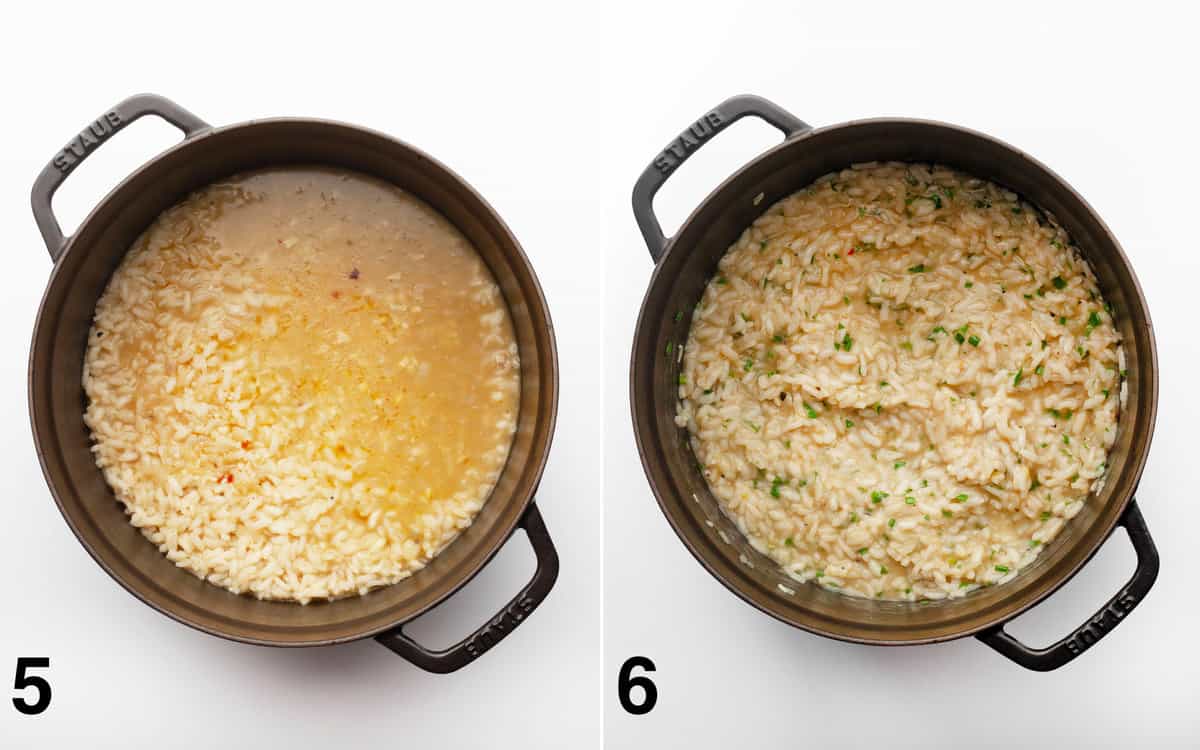 Baked risotto in a dutch oven. Parmesan and herbs stirred into baked risotto.