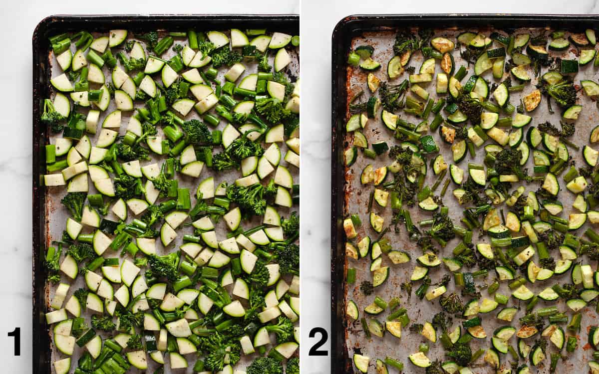 Broccolini and zucchini on a sheet pan before and after they roast.
