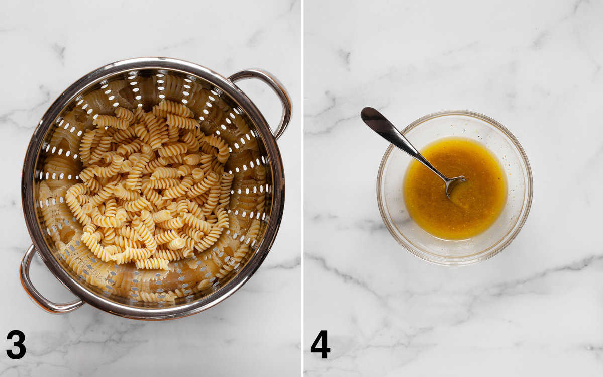 Pasta in a colander. Vinaigrette in a small bowl.