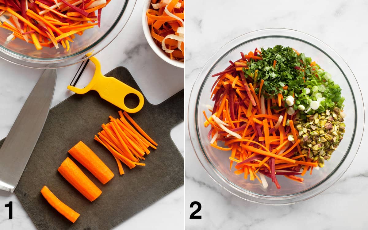 Cutting carrots with knife on cutting board. Salad ingredients in a bowl.
