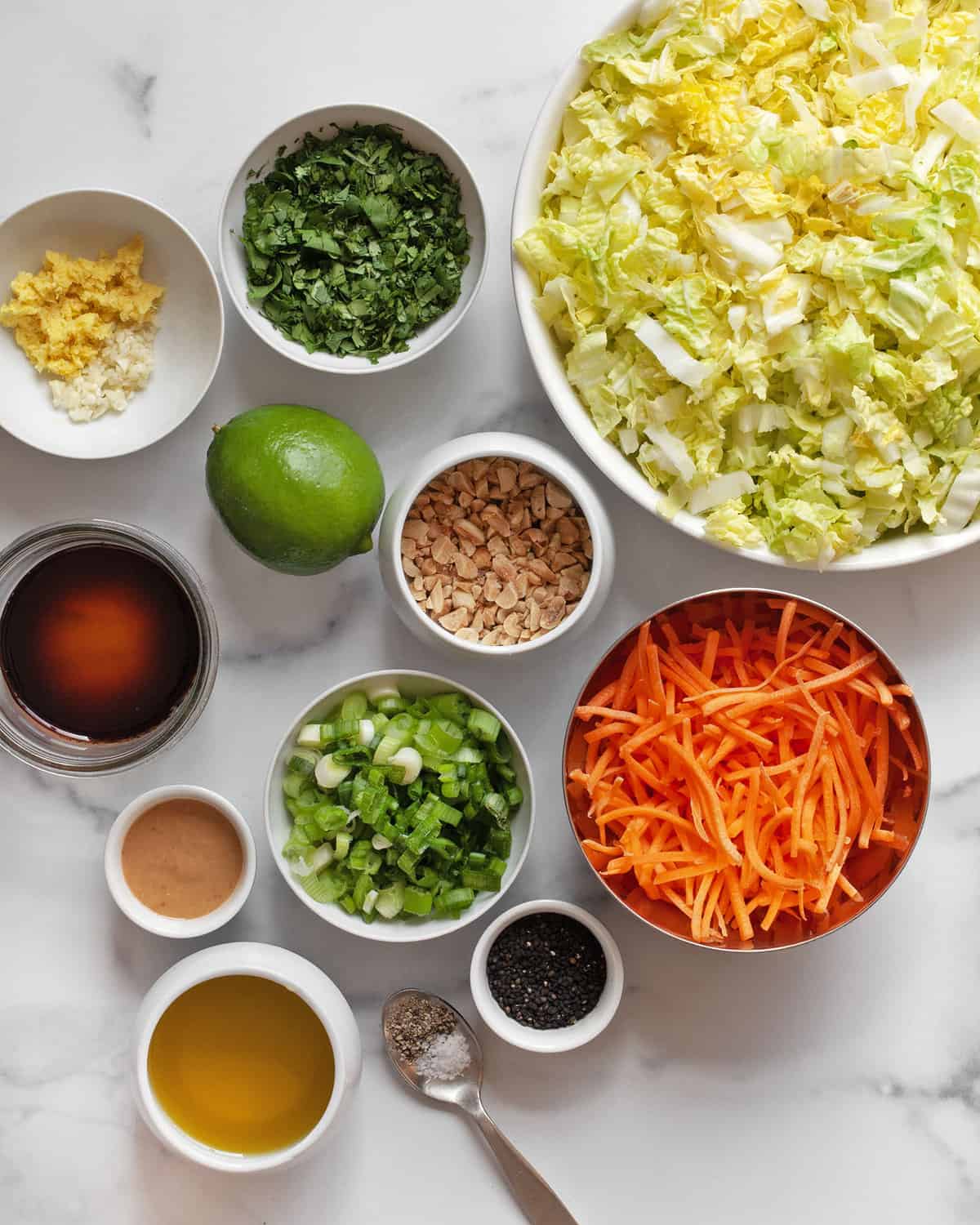 Ingredients including napa cabbage, carrots, scallions, cilantro, peanut butter, peanuts, soy sauce, olive oil, lime, garlic, ginger and oil.