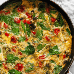 Easy egg white frittata with roasted tomatoes, peppers and broccoli.