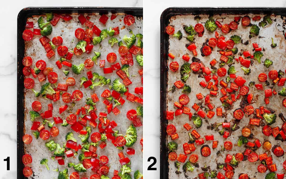 Vegetables on a sheet pan before and after they roast.