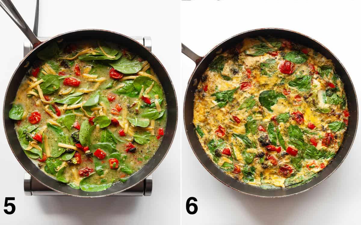 Frittata assembled in the skillet before and after it bakes in the oven.