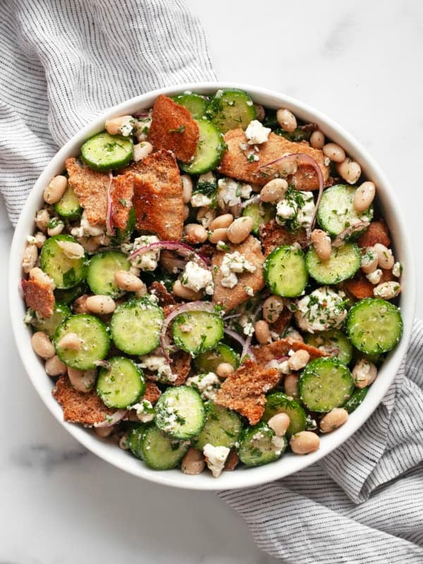 Cucumber feta salad in a bowl.