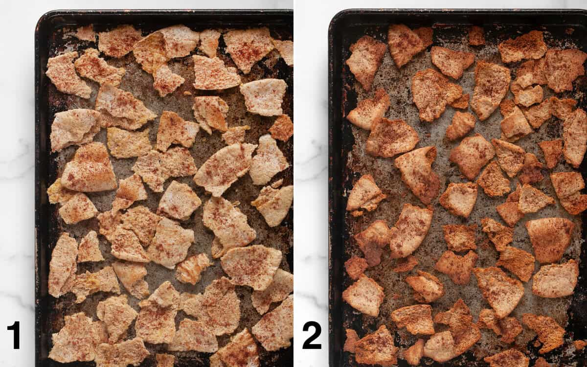 Torn pita on a sheet pan before and after you toast it in the oven.
