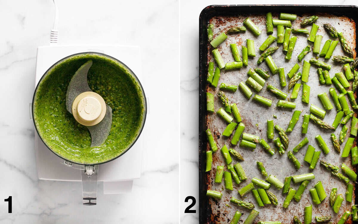 Spinach pesto in a food processor. Raw asparagus on a sheet pan.