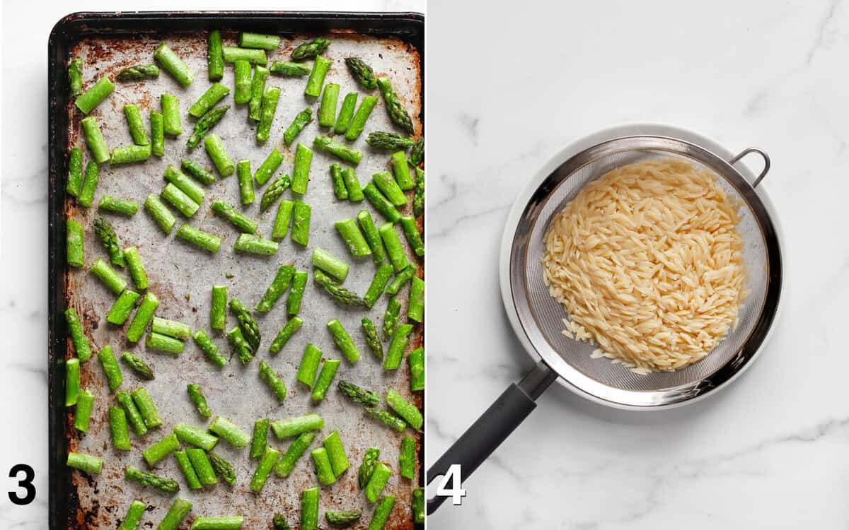 Roasted asparagus ona sheet pan. Cooked orzo in a strainer.