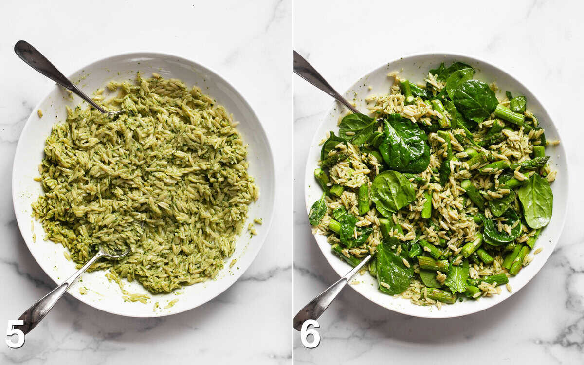 Spinach pesto stirred into orzo in a bowl. Asparagus and spinach leaves folded into orzo.