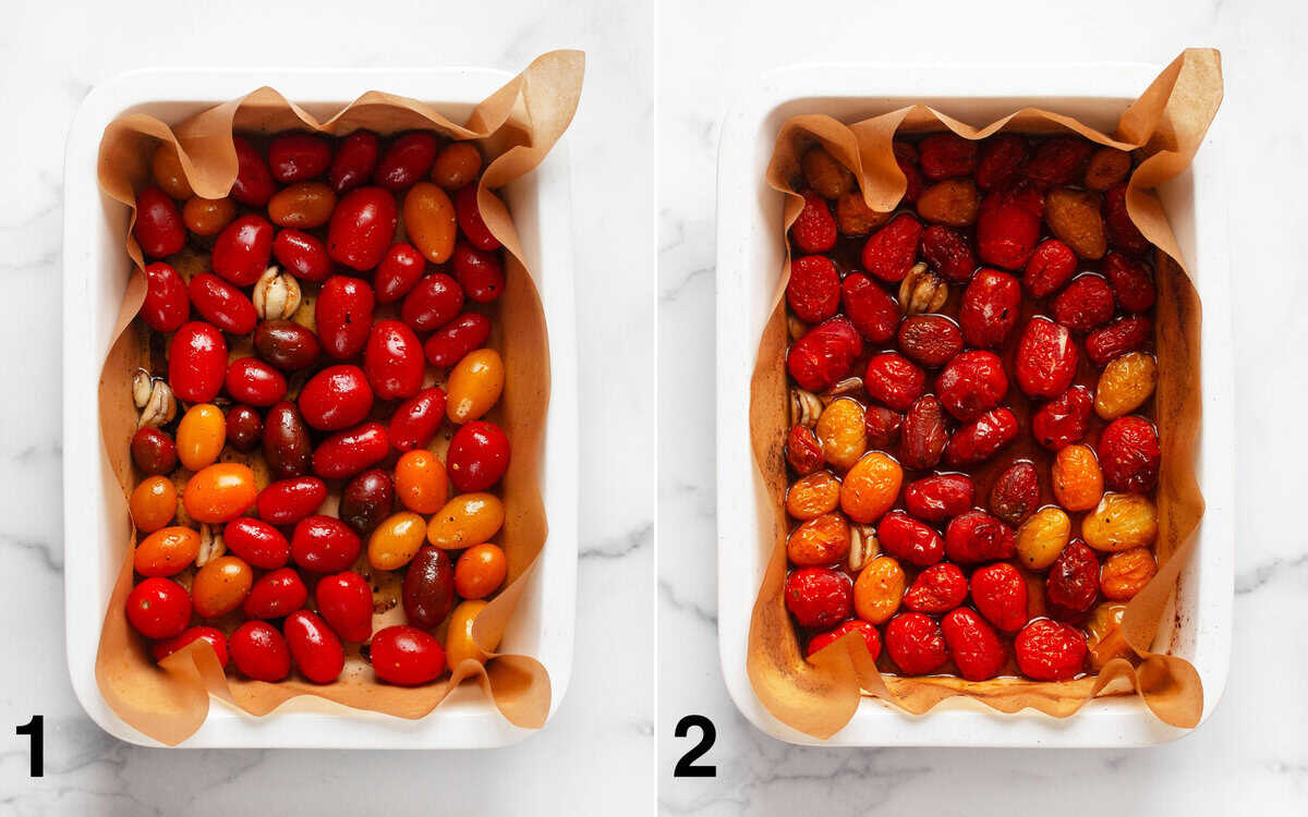 Tomatoes and garlic in a baking dish before and after they roast.
