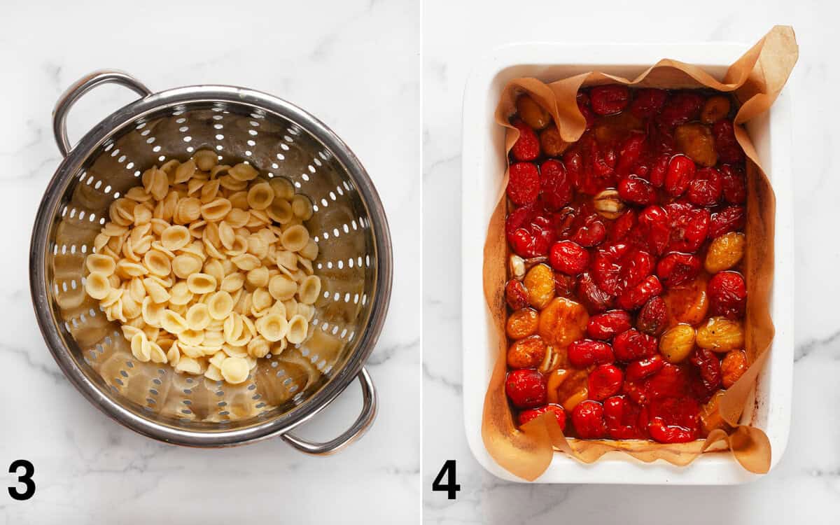 Orecchiette in a strainer, Smashed roasted tomatoes in a baking dish.