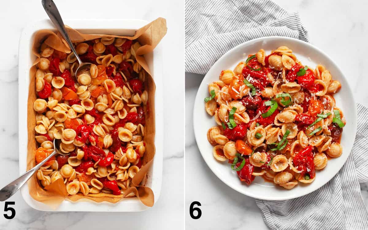 Orecchiette stirred into roasted tomatoes in a pan. Roasted cherry tomato pasta on a plate.