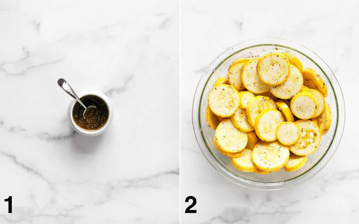 Dried spices and oil stirred in a small bowl. Squash tossed with spiced oil in a bowl.