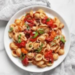 Roasted tomato pasta on a plate.