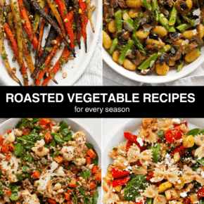 Four images of roasted vegetable recipes.